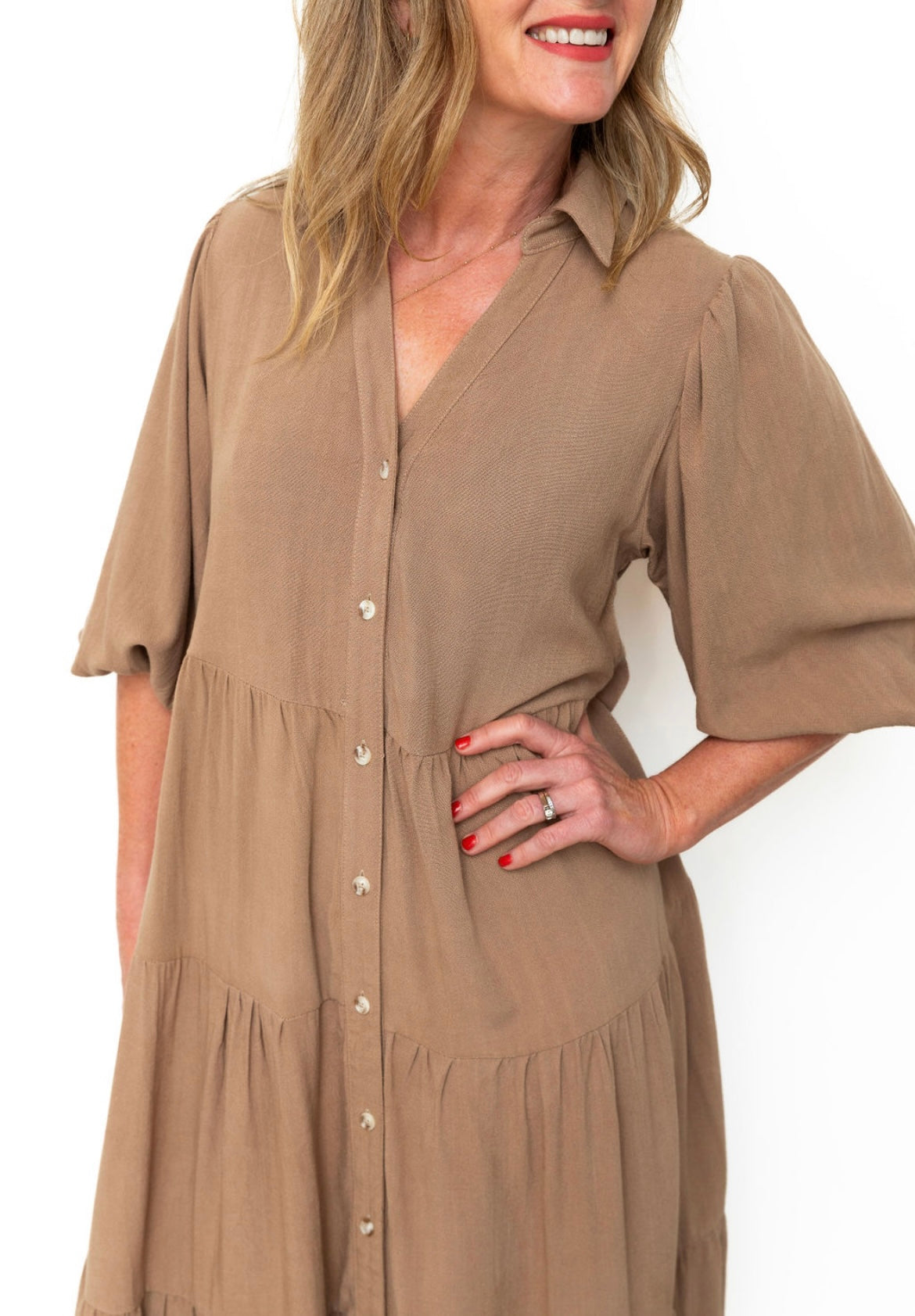 Button Down Tiered Midi Dress - Taupe-Dress- Hometown Style HTS, women's in store and online boutique located in Ingersoll, Ontario