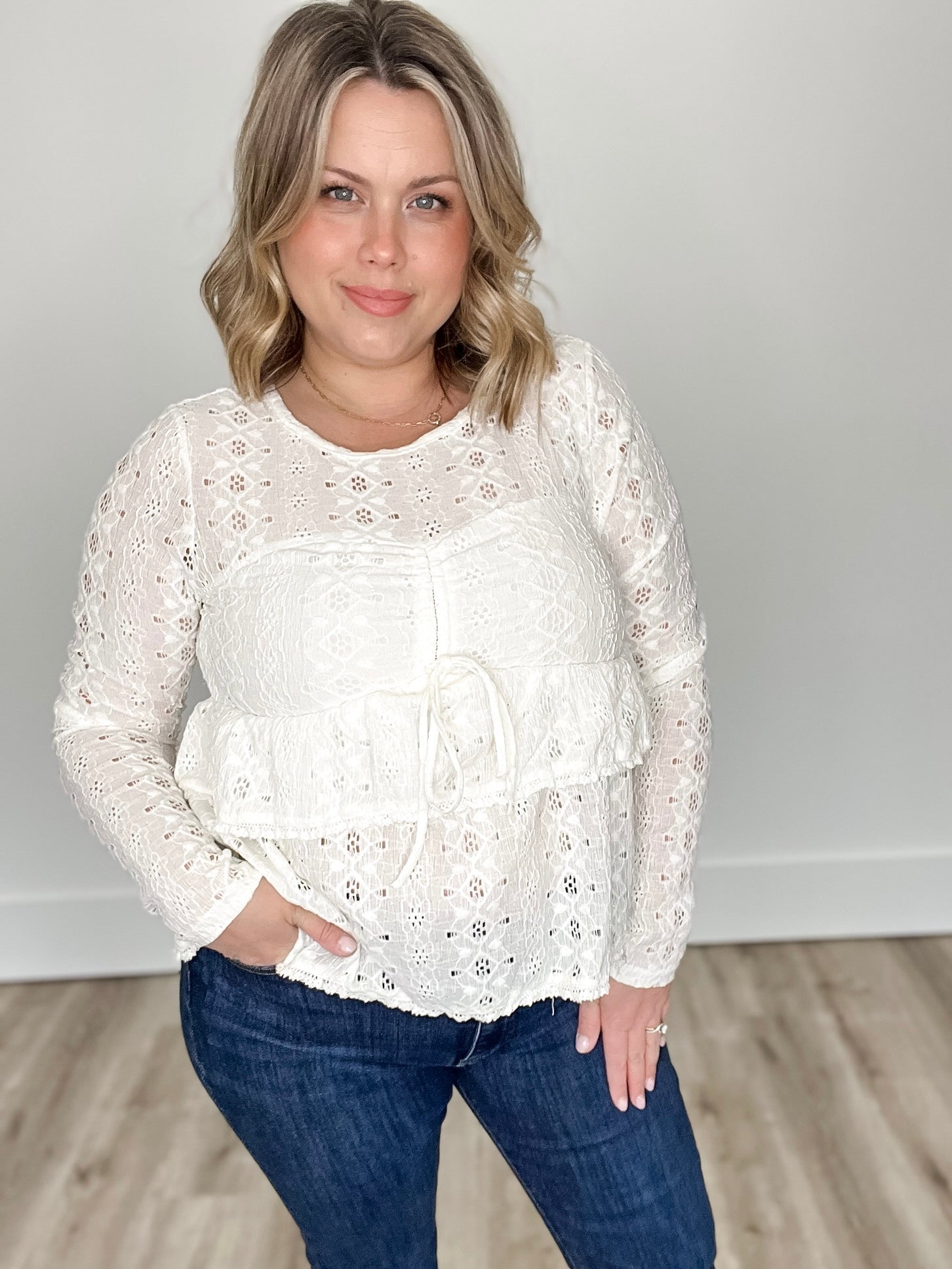 Cinched Crochet Long Sleeve Top - Cream-Tops- Hometown Style HTS, women's in store and online boutique located in Ingersoll, Ontario