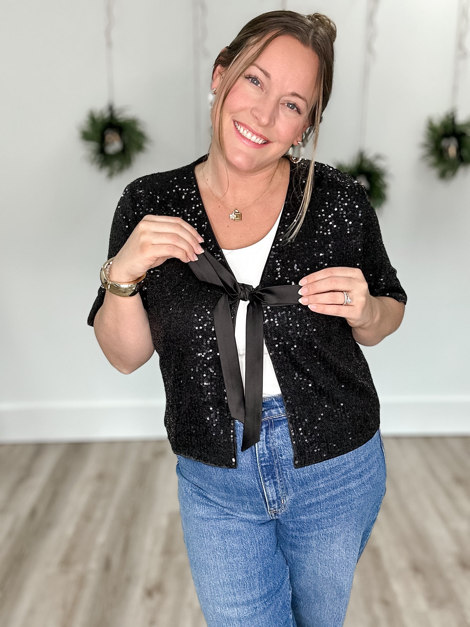 Sequin Bow Detail Top - Black-Blouses- Hometown Style HTS, women's in store and online boutique located in Ingersoll, Ontario