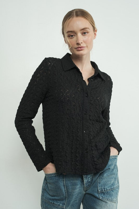 Floral Lace Button Up - Black-Tops- Hometown Style HTS, women's in store and online boutique located in Ingersoll, Ontario