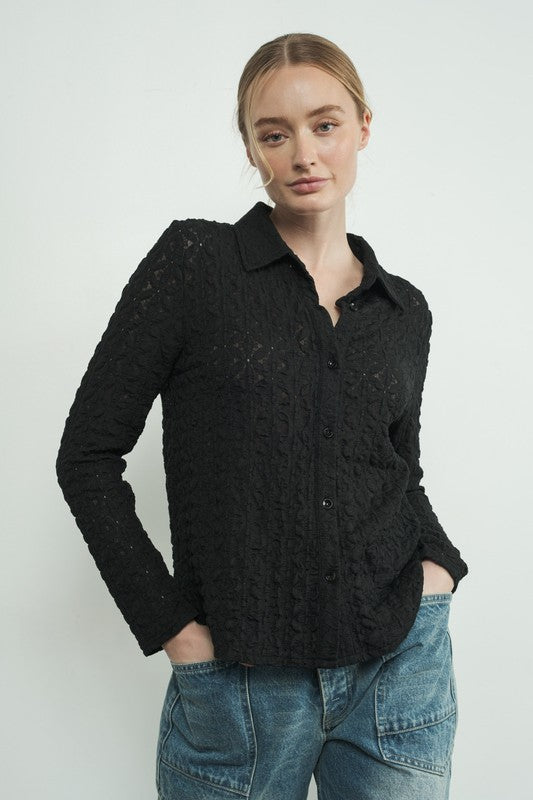 Floral Lace Button Up - Black-Tops- Hometown Style HTS, women's in store and online boutique located in Ingersoll, Ontario