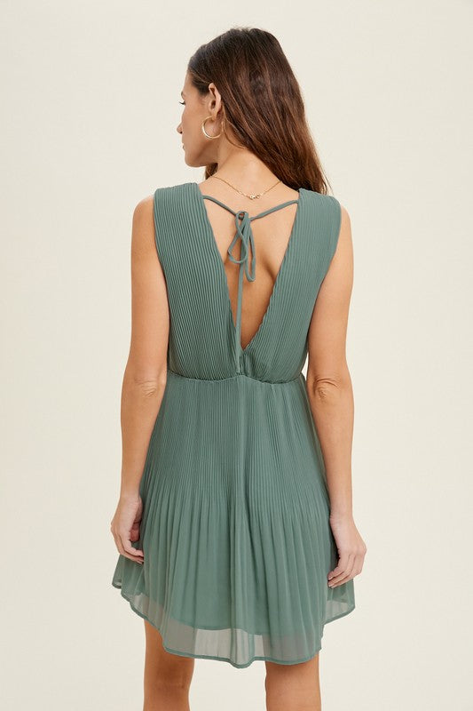 Pleated Mini Dress - Sage-Dress- Hometown Style HTS, women's in store and online boutique located in Ingersoll, Ontario