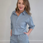 Button Up Striped Blouse - Slate Blue-Casual Tops- Hometown Style HTS, women's in store and online boutique located in Ingersoll, Ontario