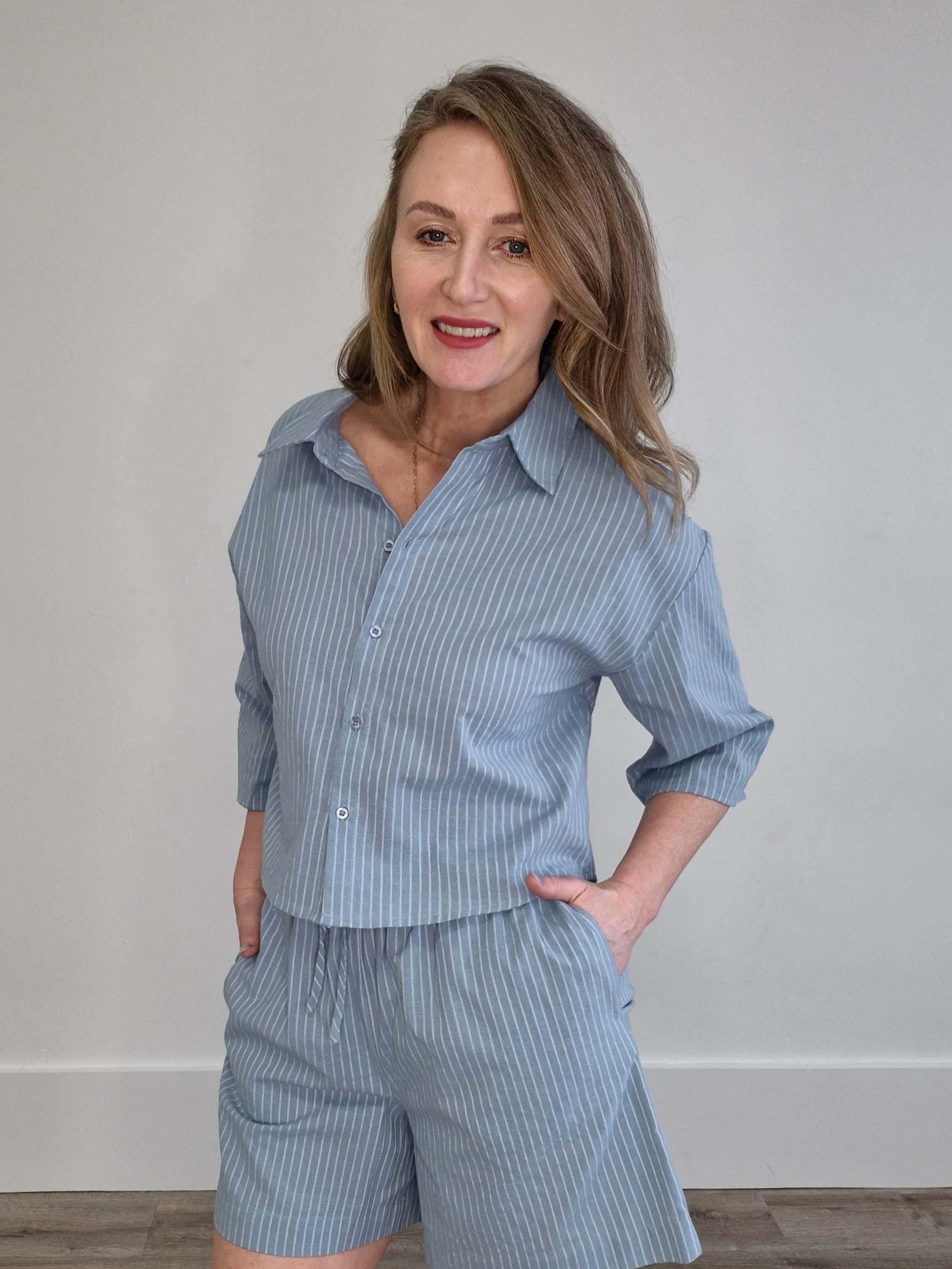 Button Up Striped Blouse - Slate Blue-Casual Tops- Hometown Style HTS, women's in store and online boutique located in Ingersoll, Ontario