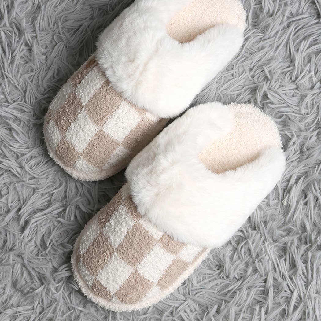 Checkered Faux Fur Cuff Mule Luxury Slipper-slipper- Hometown Style HTS, women's in store and online boutique located in Ingersoll, Ontario