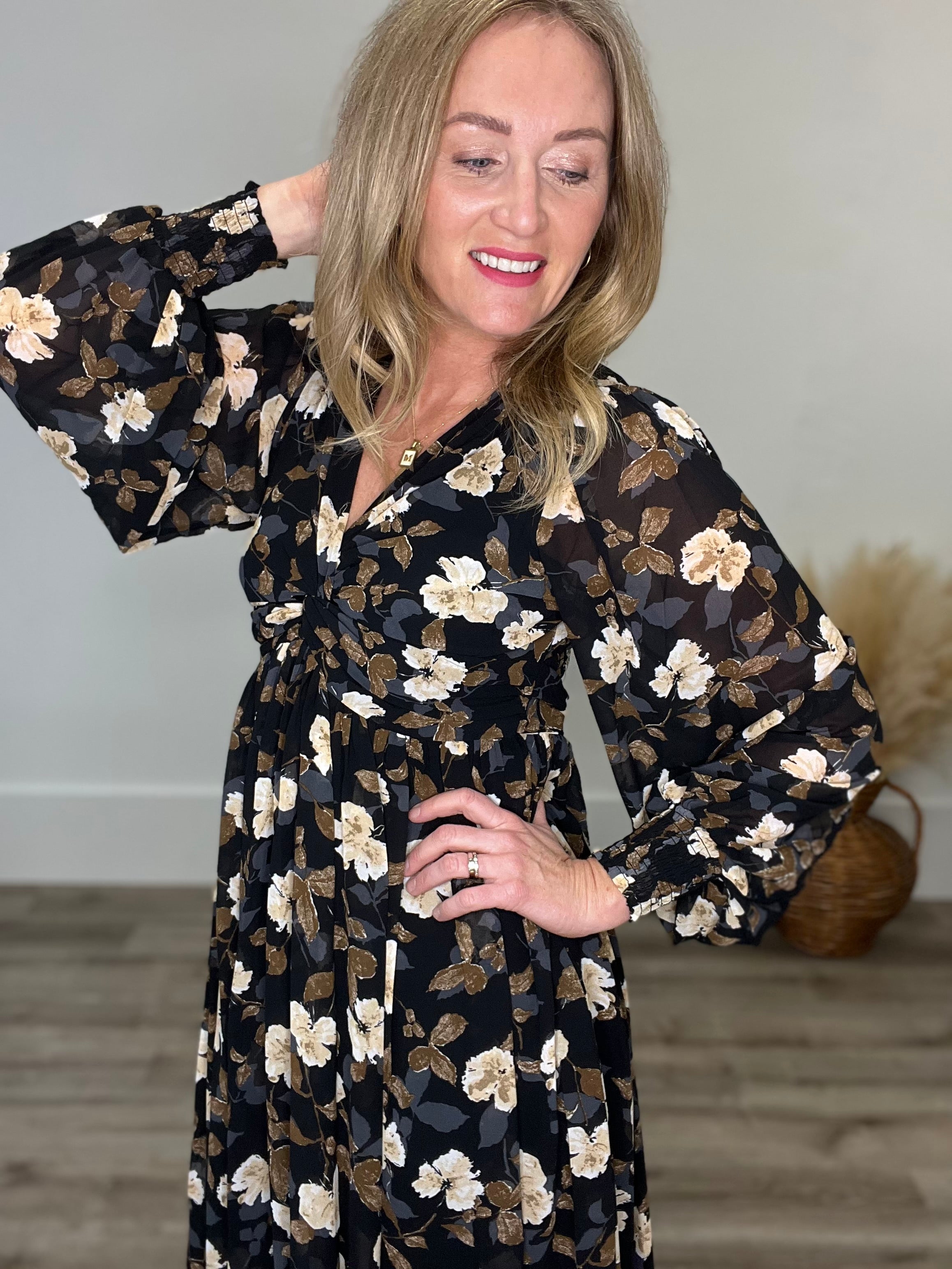 Floral Twist Wrap Maxi Dress - Black-Dress- Hometown Style HTS, women's in store and online boutique located in Ingersoll, Ontario