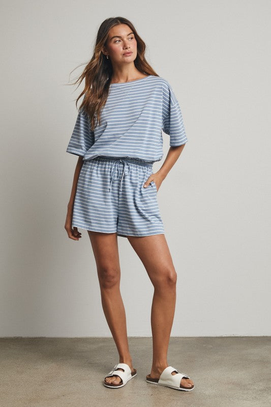 Striped Romper - Blue-Shorts- Hometown Style HTS, women's in store and online boutique located in Ingersoll, Ontario