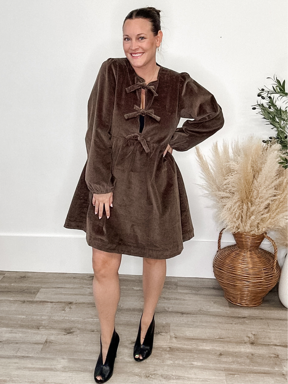 Corduroy Babydoll Ribbon Tie Dress - Brown-dress- Hometown Style HTS, women's in store and online boutique located in Ingersoll, Ontario