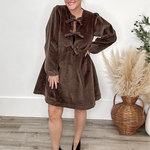 Corduroy Babydoll Ribbon Tie Dress - Brown-dress- Hometown Style HTS, women's in store and online boutique located in Ingersoll, Ontario