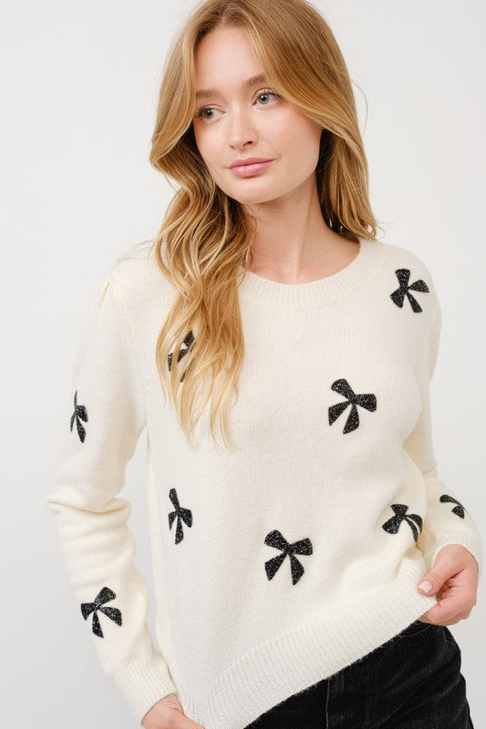 Bow Bead Sweater - Cream-Sweater- Hometown Style HTS, women's in store and online boutique located in Ingersoll, Ontario