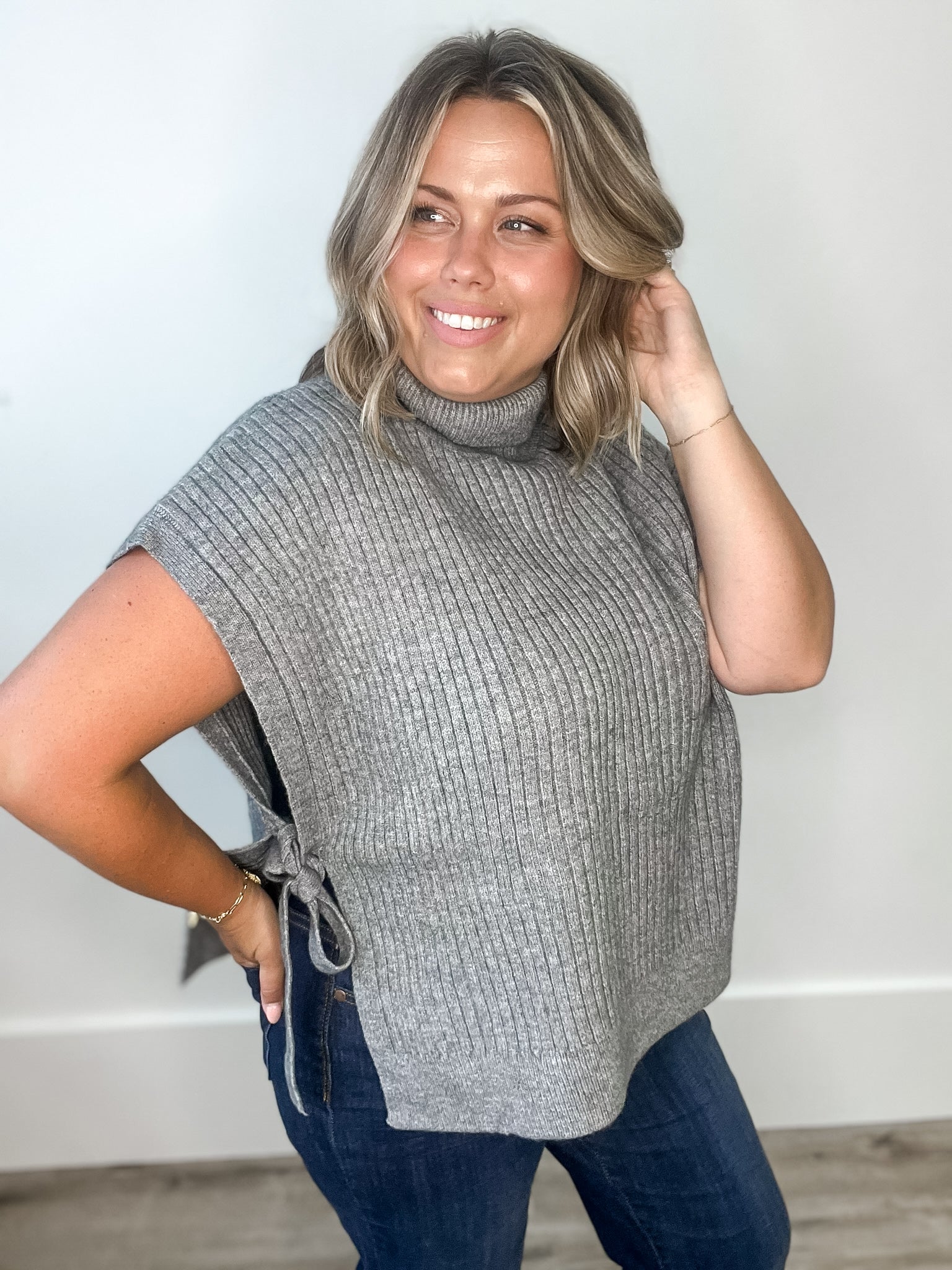 Turtle Neck Sweater Vest - Grey-Sweaters and Cardigans- Hometown Style HTS, women's in store and online boutique located in Ingersoll, Ontario