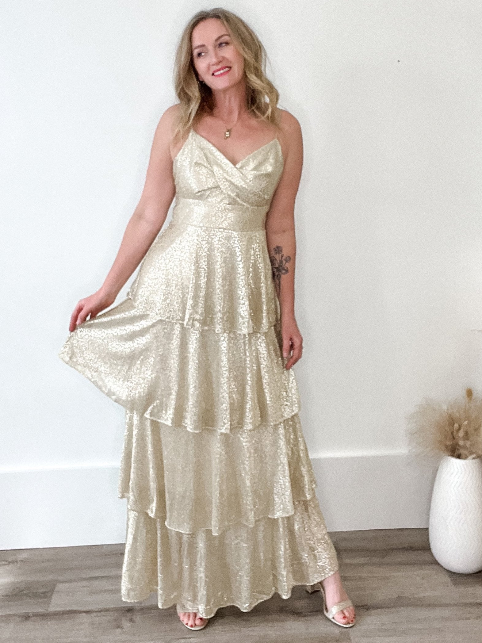 Lurex Gold Tiered Maxi Dress-dress- Hometown Style HTS, women's in store and online boutique located in Ingersoll, Ontario