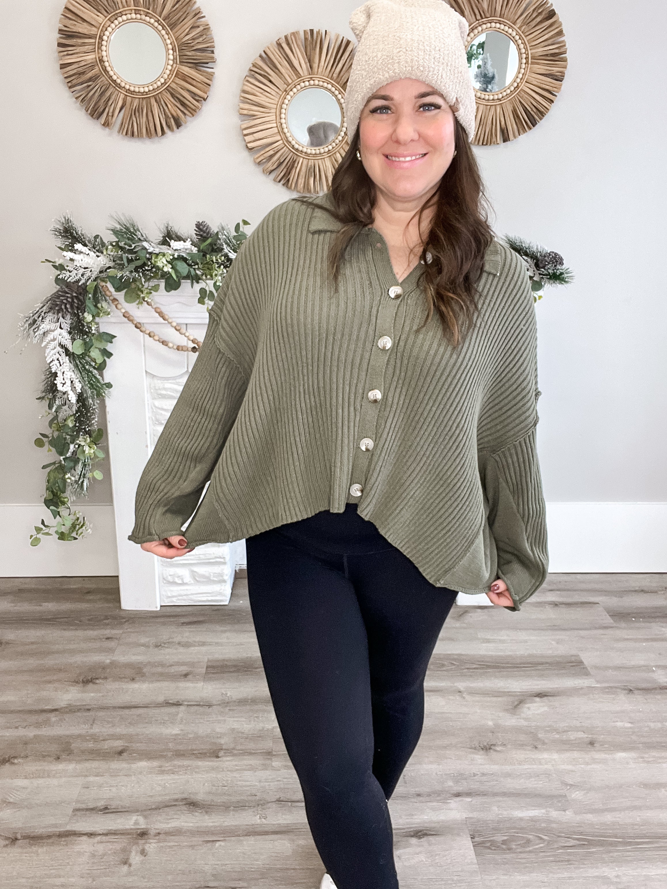 Collared Button Down Sweater - Olive-sweater- Hometown Style HTS, women's in store and online boutique located in Ingersoll, Ontario