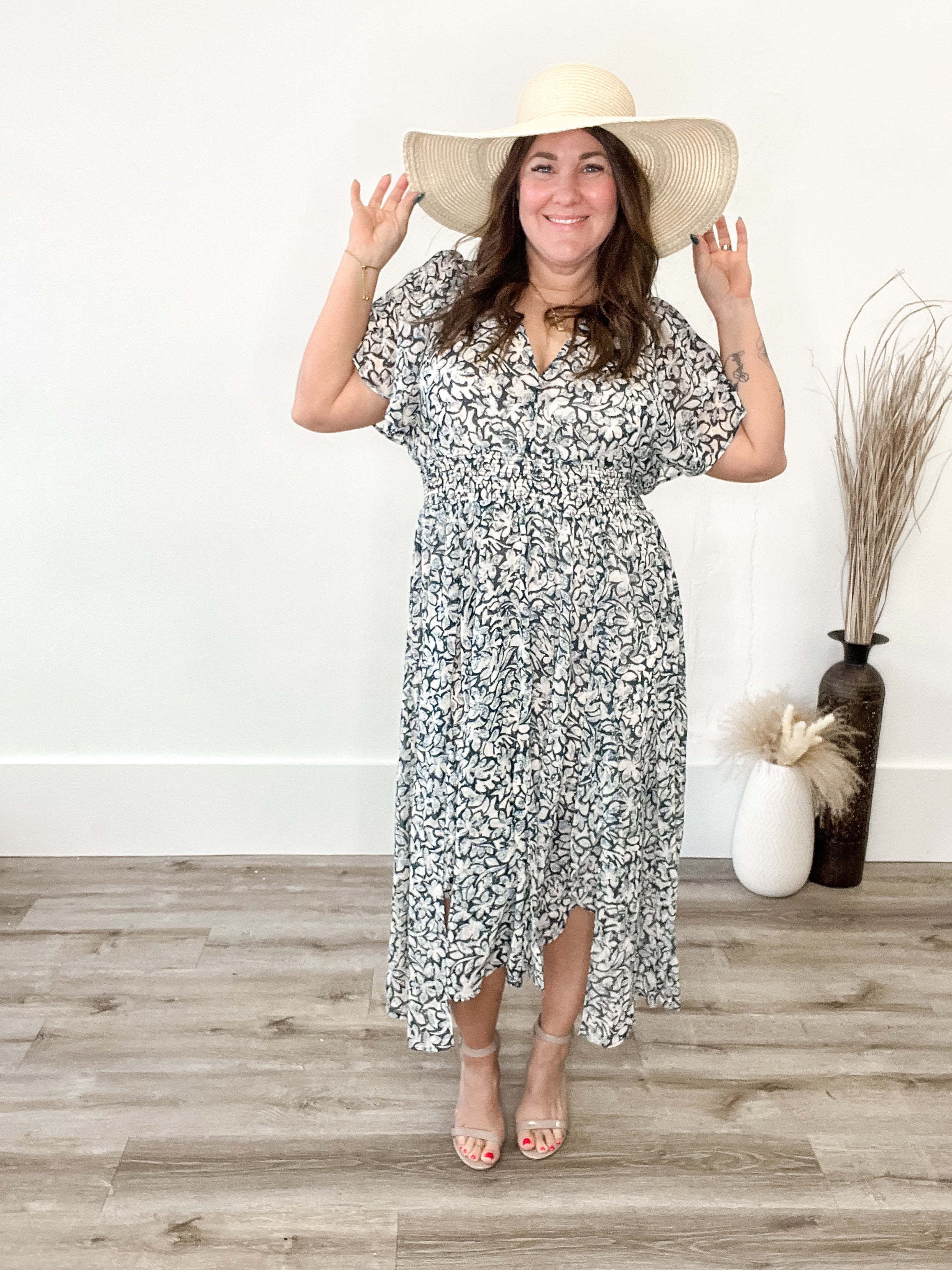 Floral Chiffon V Neck Midi Dress - Blue-Dress- Hometown Style HTS, women's in store and online boutique located in Ingersoll, Ontario