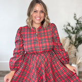 Long Sleeve Woven Plaid Dress - Red-Dress- Hometown Style HTS, women's in store and online boutique located in Ingersoll, Ontario