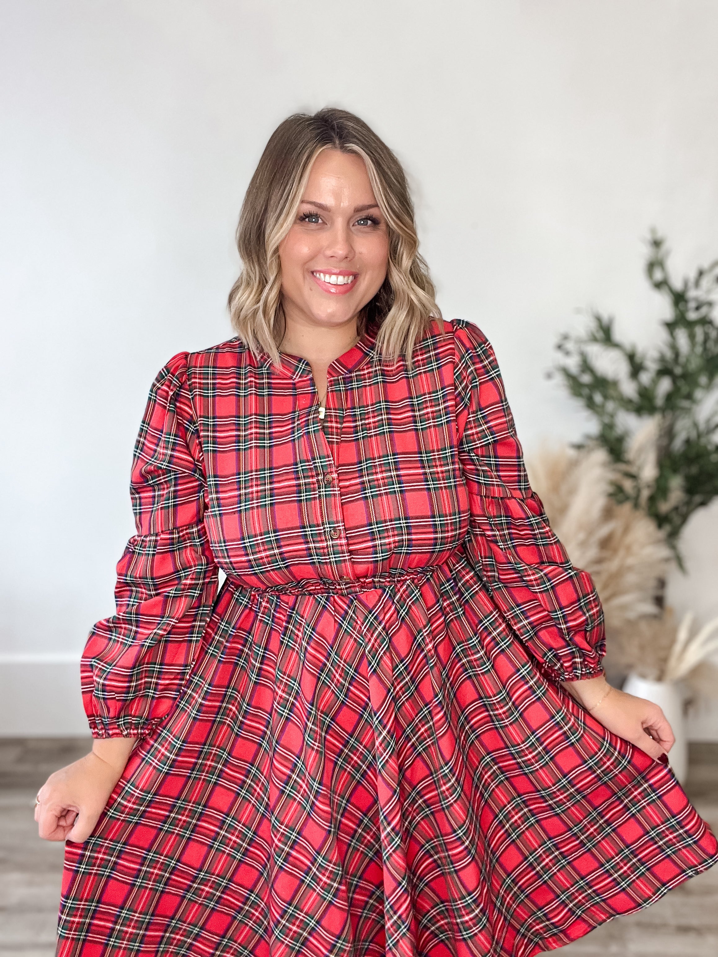 Long Sleeve Woven Plaid Dress - Red-Dress- Hometown Style HTS, women's in store and online boutique located in Ingersoll, Ontario