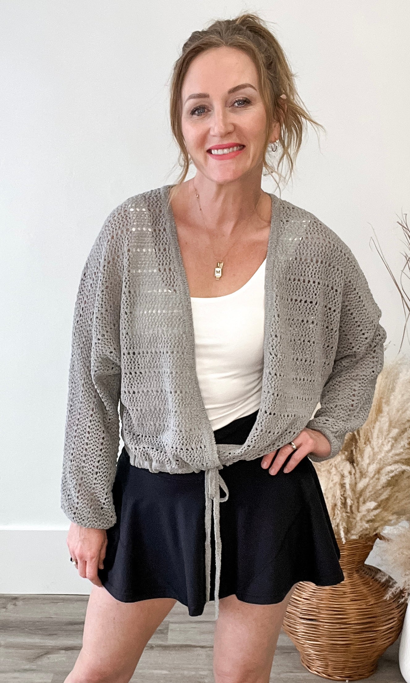 Crochet Dolman Sleeve Cardigan - Grey-Sweater- Hometown Style HTS, women's in store and online boutique located in Ingersoll, Ontario