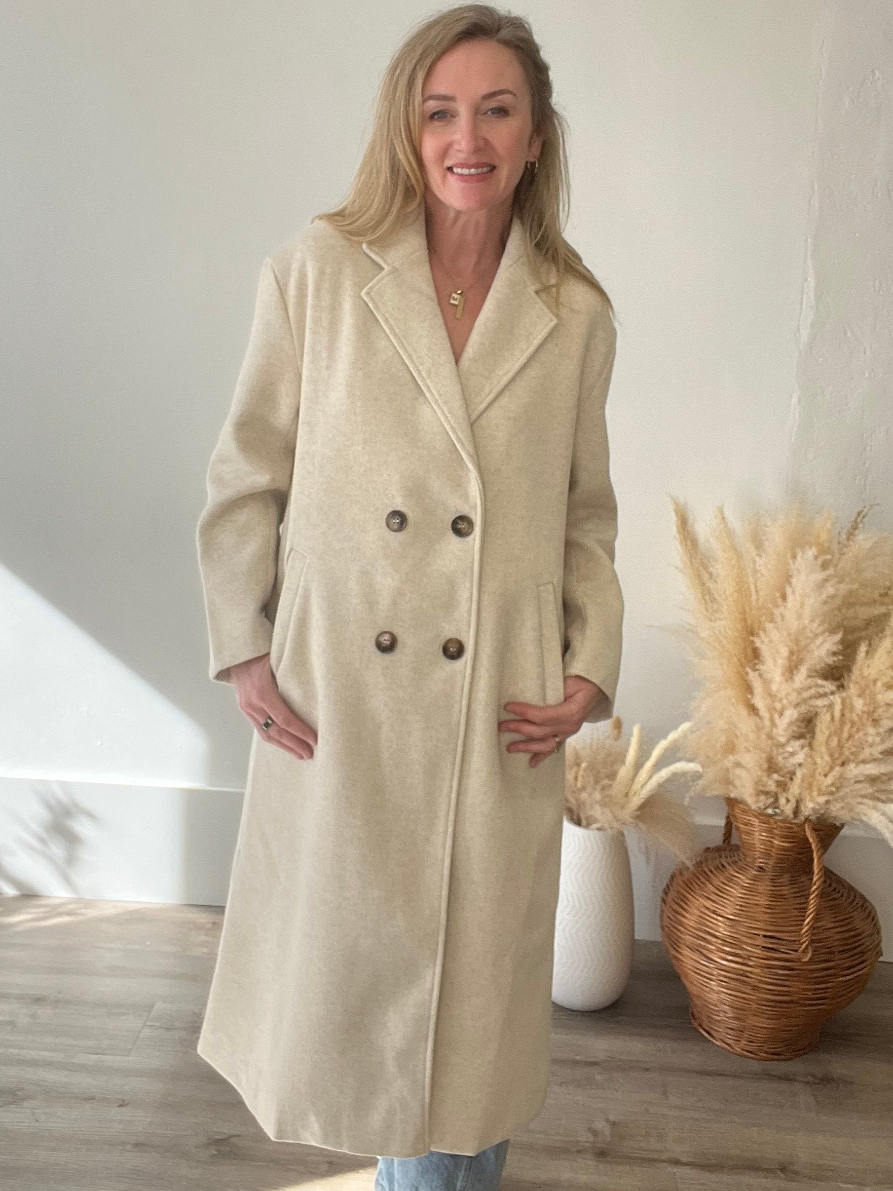 Double Breasted Lapel Duster Coat - Almond-Coats & Jackets- Hometown Style HTS, women's in store and online boutique located in Ingersoll, Ontario