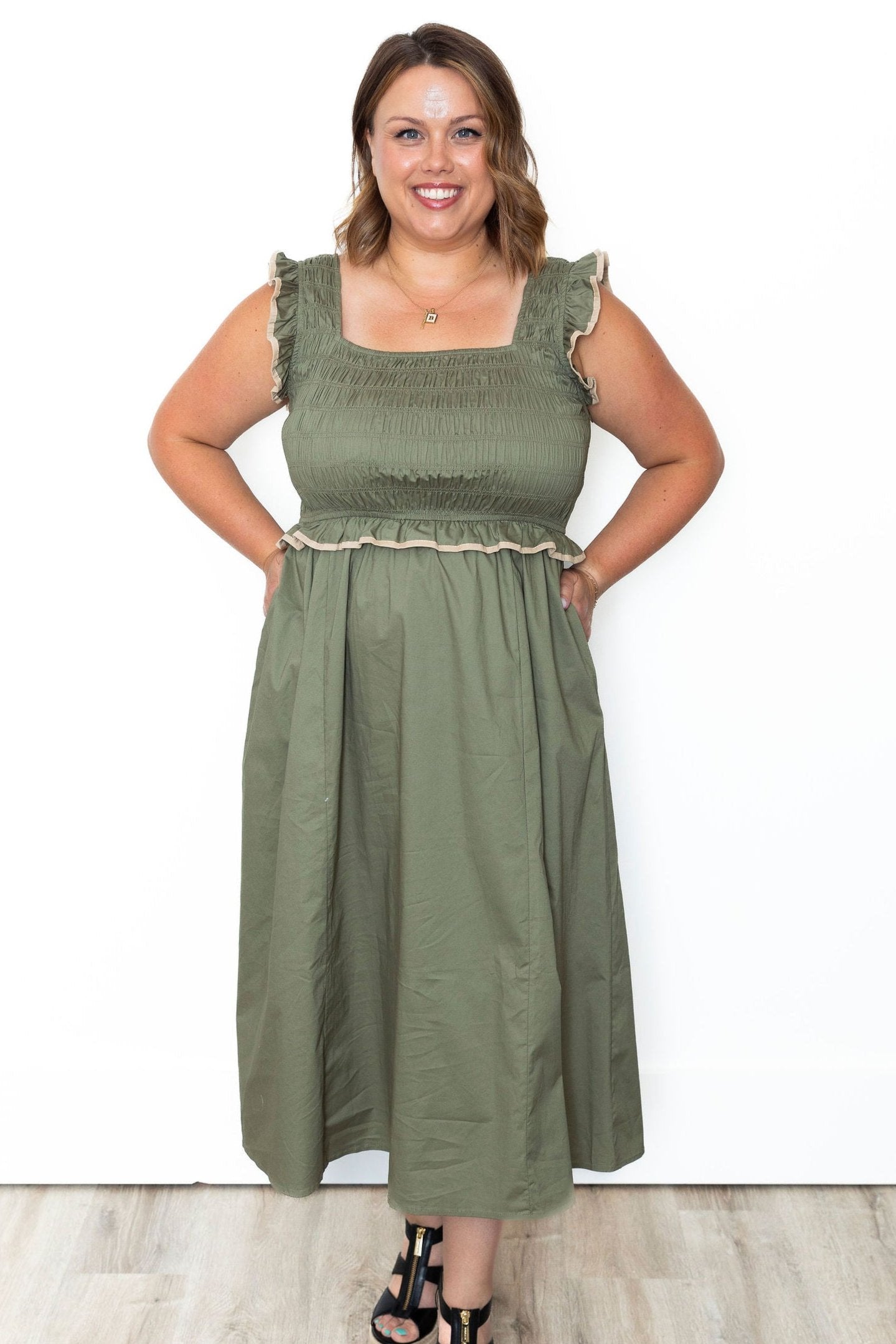 Ruffle detail, Midi Dress - Olive-Dress- Hometown Style HTS, women's in store and online boutique located in Ingersoll, Ontario