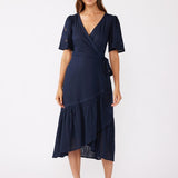 Embroidered Wrap Midi Dress - Navy-dress- Hometown Style HTS, women's in store and online boutique located in Ingersoll, Ontario