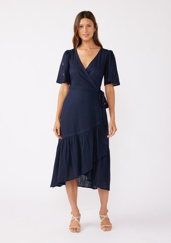 Embroidered Wrap Midi Dress - Navy-dress- Hometown Style HTS, women's in store and online boutique located in Ingersoll, Ontario