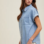 Cuff Sleeve Button Up - Denim-casual shirt- Hometown Style HTS, women's in store and online boutique located in Ingersoll, Ontario