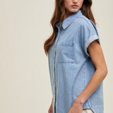 Cuff Sleeve Button Up - Denim-casual shirt- Hometown Style HTS, women's in store and online boutique located in Ingersoll, Ontario