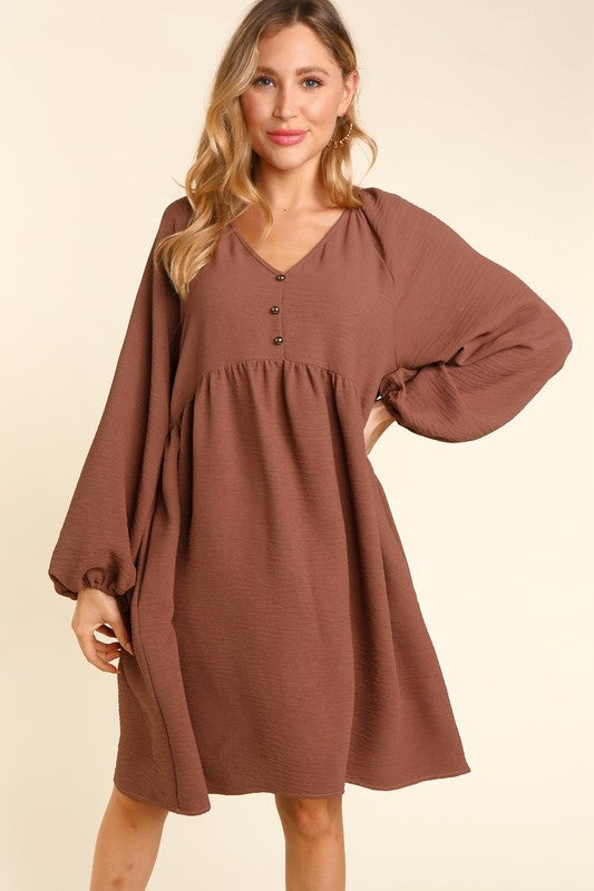 Long Sleeve Babydoll - Brown-Dress- Hometown Style HTS, women's in store and online boutique located in Ingersoll, Ontario