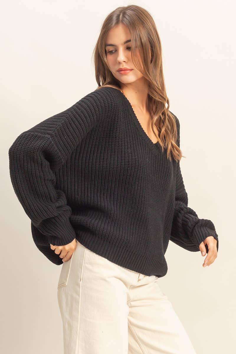 Oversized V Neck Knit Sweater - Black-sweater- Hometown Style HTS, women's in store and online boutique located in Ingersoll, Ontario