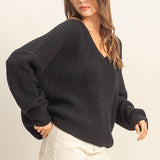 Oversized V Neck Knit Sweater - Black-sweater- Hometown Style HTS, women's in store and online boutique located in Ingersoll, Ontario