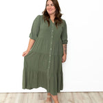 Button Down Tiered Midi Dress - Olive-Dress- Hometown Style HTS, women's in store and online boutique located in Ingersoll, Ontario