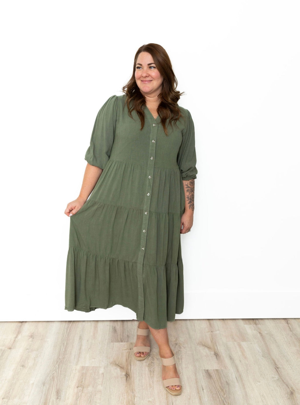 Button Down Tiered Midi Dress - Olive-Dress- Hometown Style HTS, women's in store and online boutique located in Ingersoll, Ontario