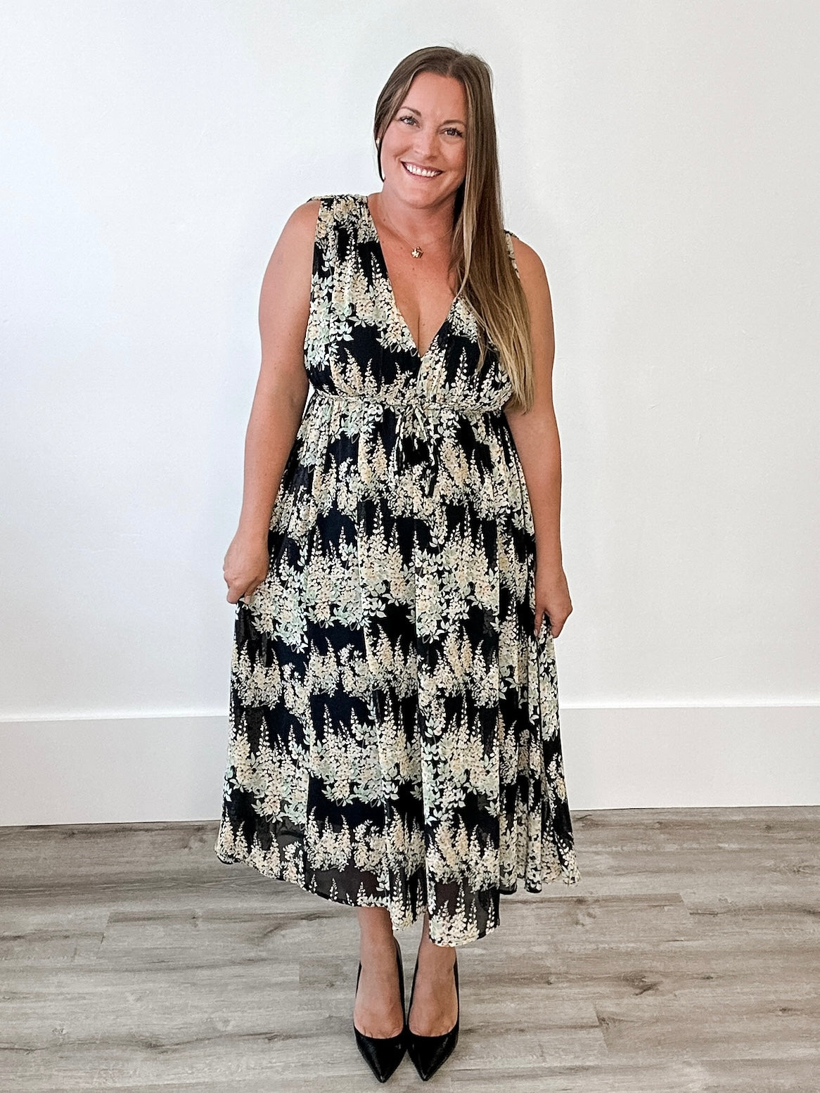 Floral Sleeveless Midi Dress - Black & Yellow-Special Occasion Dress- Hometown Style HTS, women's in store and online boutique located in Ingersoll, Ontario