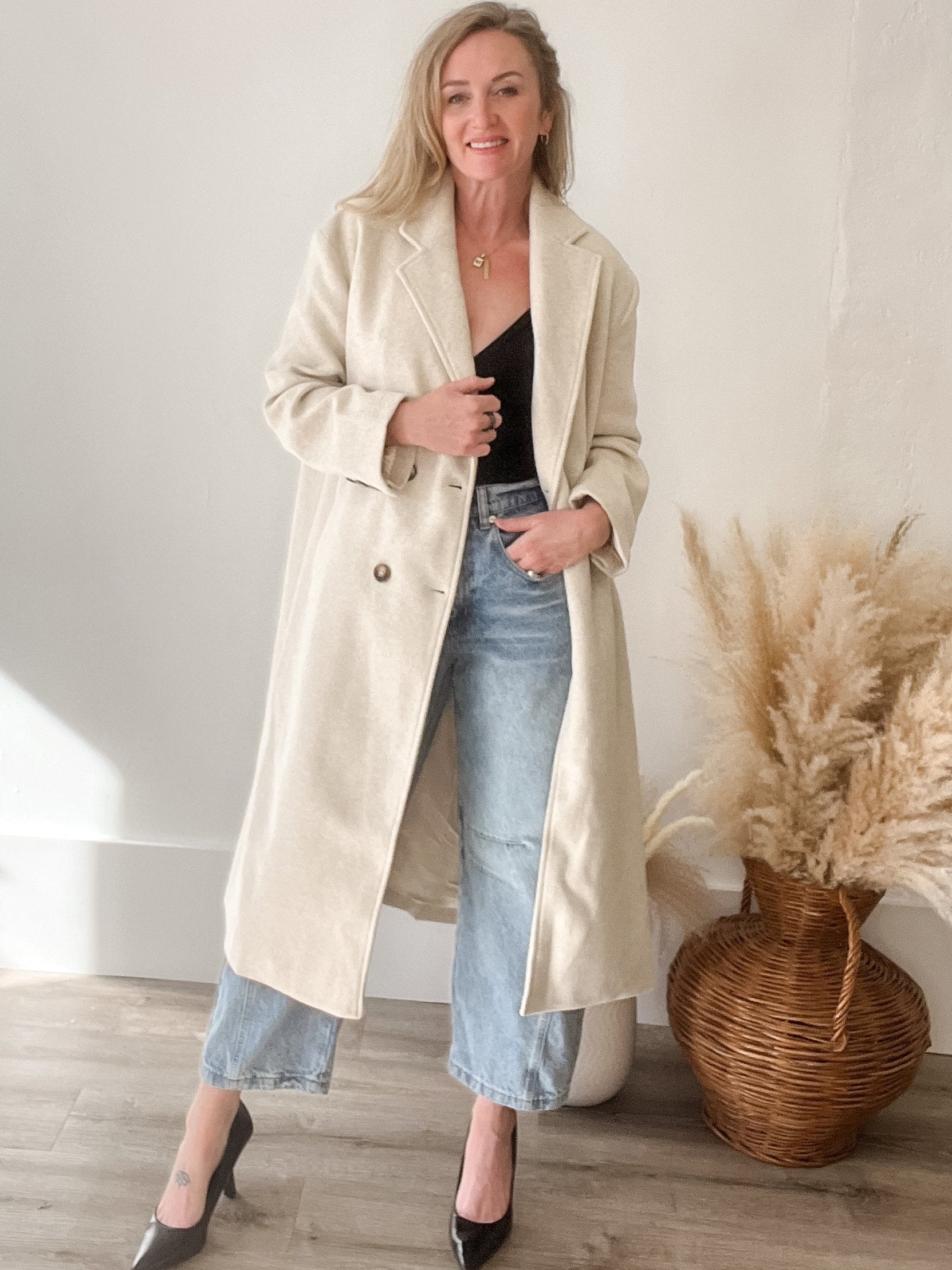 Double Breasted Lapel Duster Coat - Almond-Coats & Jackets- Hometown Style HTS, women's in store and online boutique located in Ingersoll, Ontario