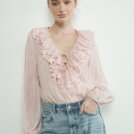 Ruffle Long Sleeve Blouse - Pink- Hometown Style HTS, women's in store and online boutique located in Ingersoll, Ontario