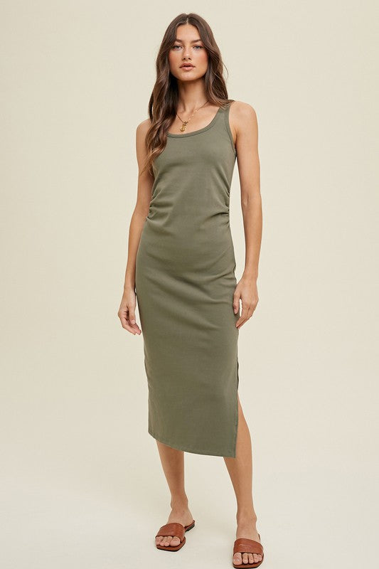 Ruched Side Knit Midi Dress - Olive-Dresses- Hometown Style HTS, women's in store and online boutique located in Ingersoll, Ontario