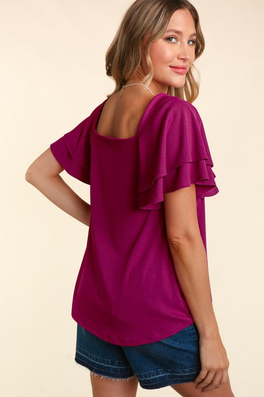 Square Neck, Ruffle Sleeve Blouse - Berry-blouse- Hometown Style HTS, women's in store and online boutique located in Ingersoll, Ontario