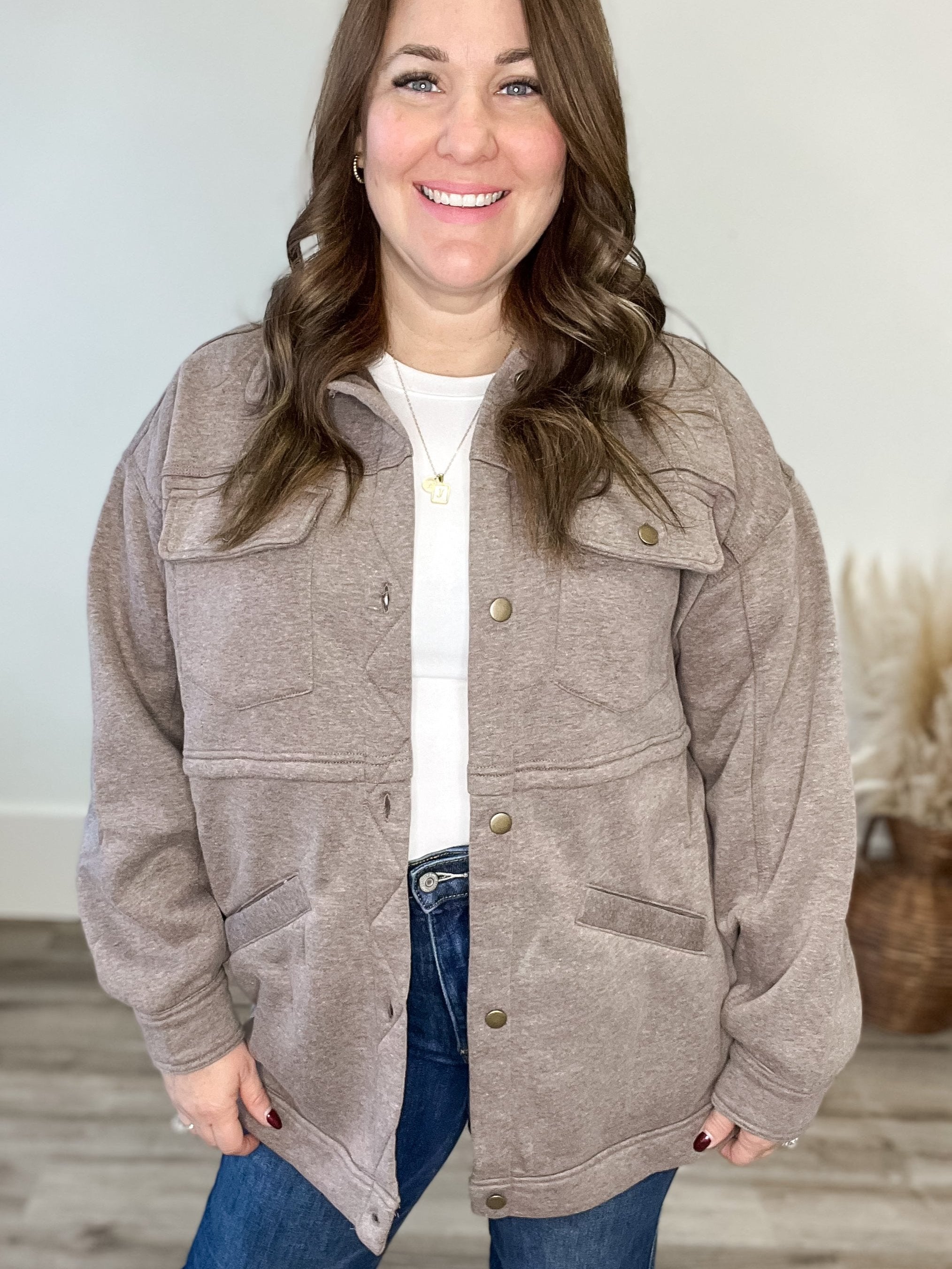 Fleece Terry Jacket - Mocha-Sweater- Hometown Style HTS, women's in store and online boutique located in Ingersoll, Ontario