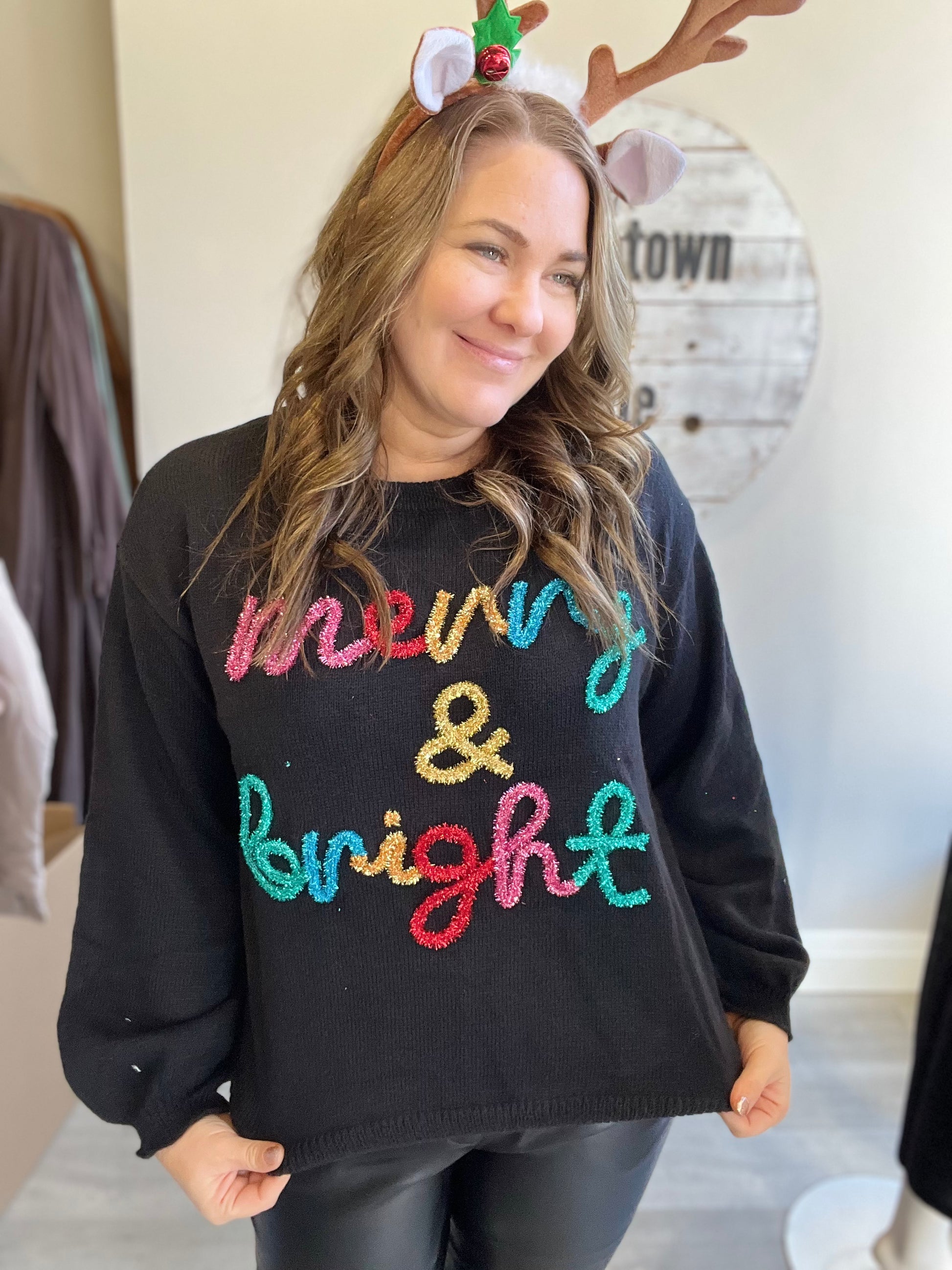 Merry & Bright Tinsel Lettering - Black Multi-Sweater- Hometown Style HTS, women's in store and online boutique located in Ingersoll, Ontario