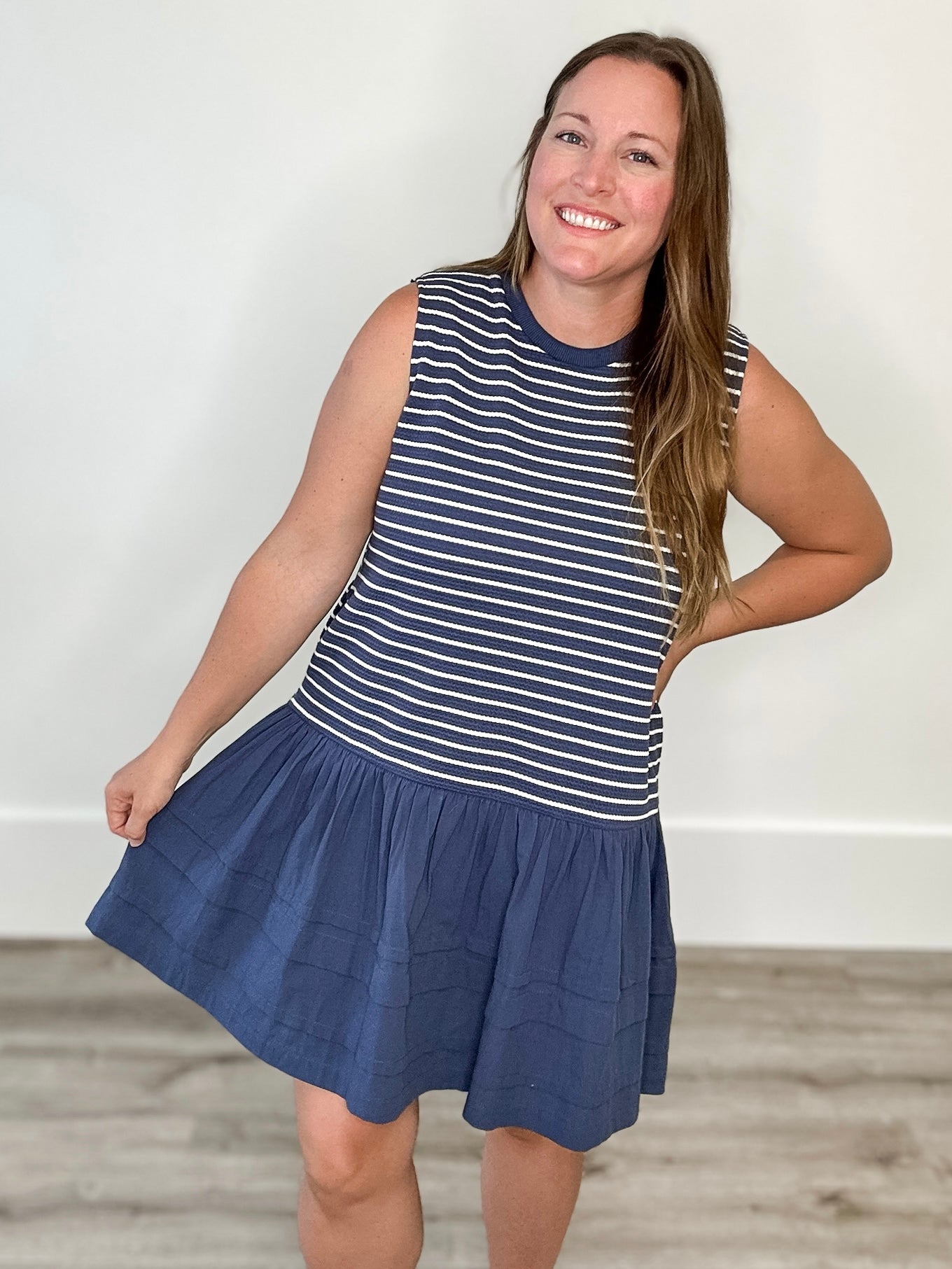 Mixed Media Striped Mini Dress - Blue & Cream-Dress- Hometown Style HTS, women's in store and online boutique located in Ingersoll, Ontario