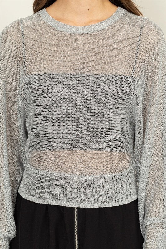 Sheer Dolman Sleeve Sweater - Silver-Sweater- Hometown Style HTS, women's in store and online boutique located in Ingersoll, Ontario