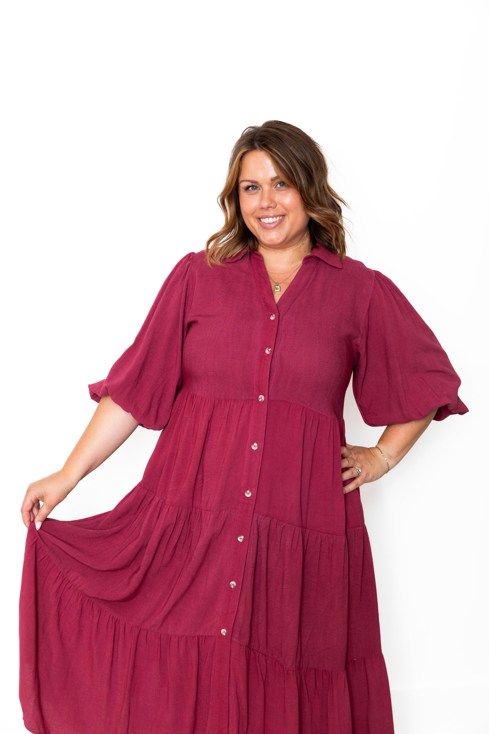 Button Down Tiered Midi Dress - Berry-dress- Hometown Style HTS, women's in store and online boutique located in Ingersoll, Ontario