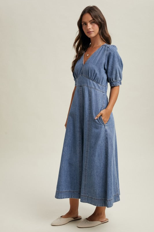 Denim Puff Sleeve Midi Dress-Casual Dresses- Hometown Style HTS, women's in store and online boutique located in Ingersoll, Ontario