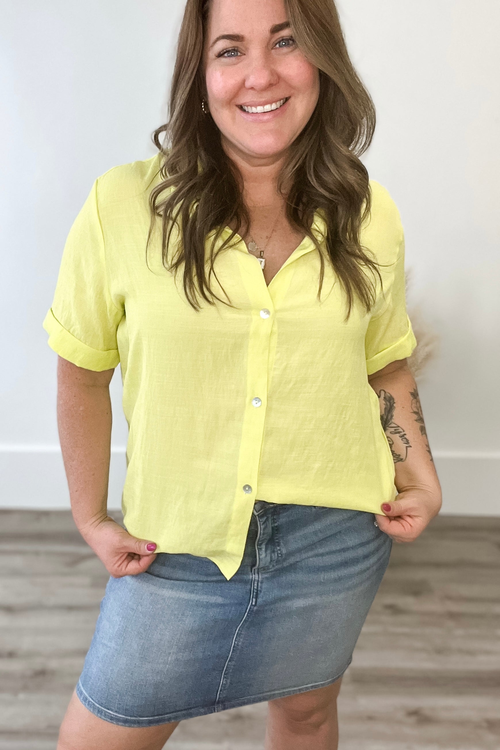 Short Sleeve Button Up Shirt - Lime-Shirts & Tops- Hometown Style HTS, women's in store and online boutique located in Ingersoll, Ontario