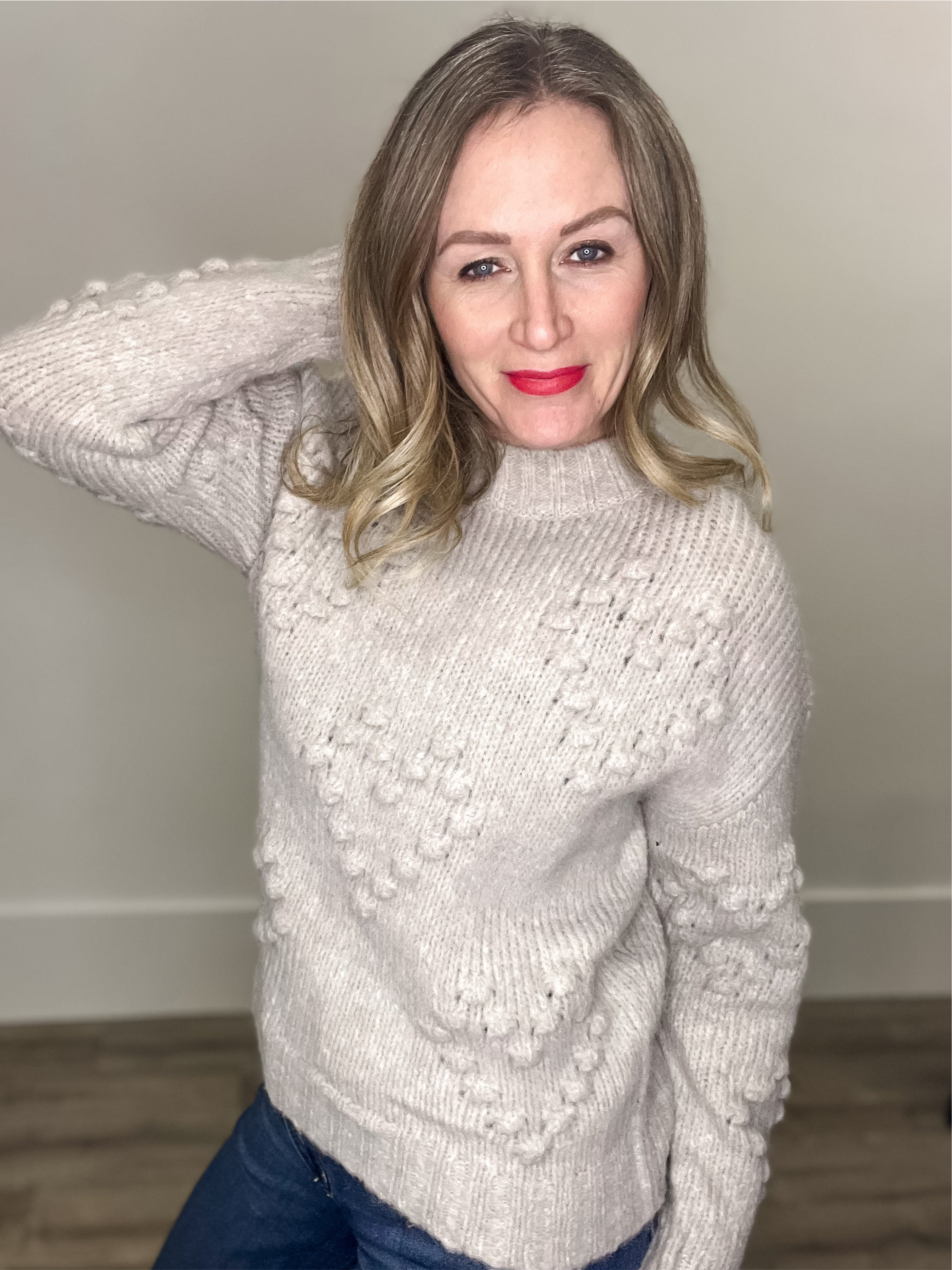 Heart Shape Pom Pom Sweater - Grey-Sweater- Hometown Style HTS, women's in store and online boutique located in Ingersoll, Ontario