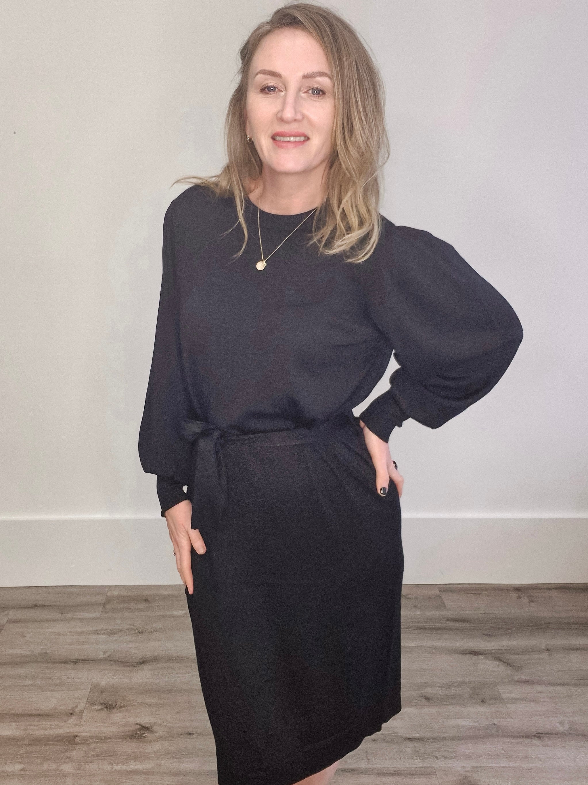 Regina Knit Belt Dress - Black-Special Occasion Dress- Hometown Style HTS, women's in store and online boutique located in Ingersoll, Ontario