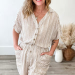 Striped Button Up Romper - Taupe-romper- Hometown Style HTS, women's in store and online boutique located in Ingersoll, Ontario