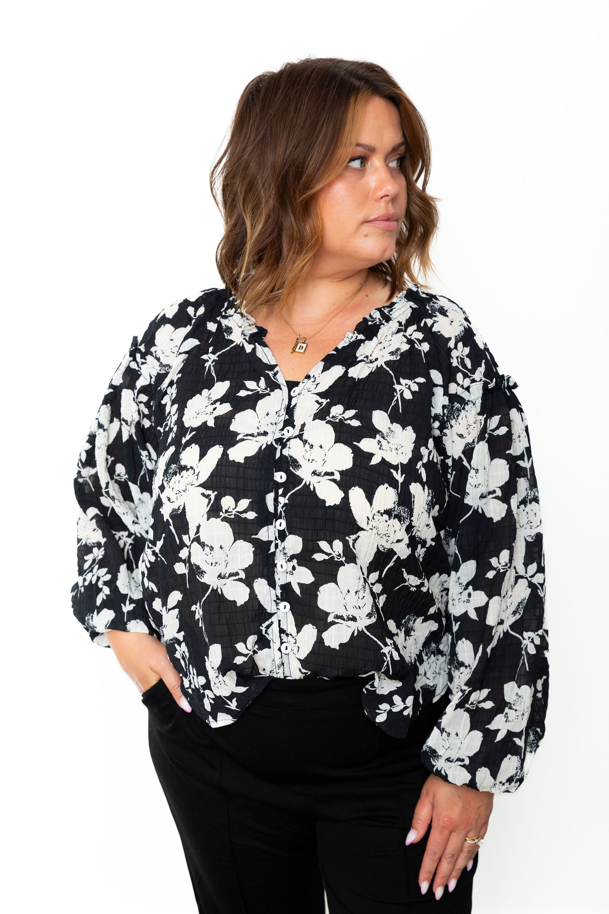 Floral Crinkle Fabric Blouse - Black-blouse- Hometown Style HTS, women's in store and online boutique located in Ingersoll, Ontario