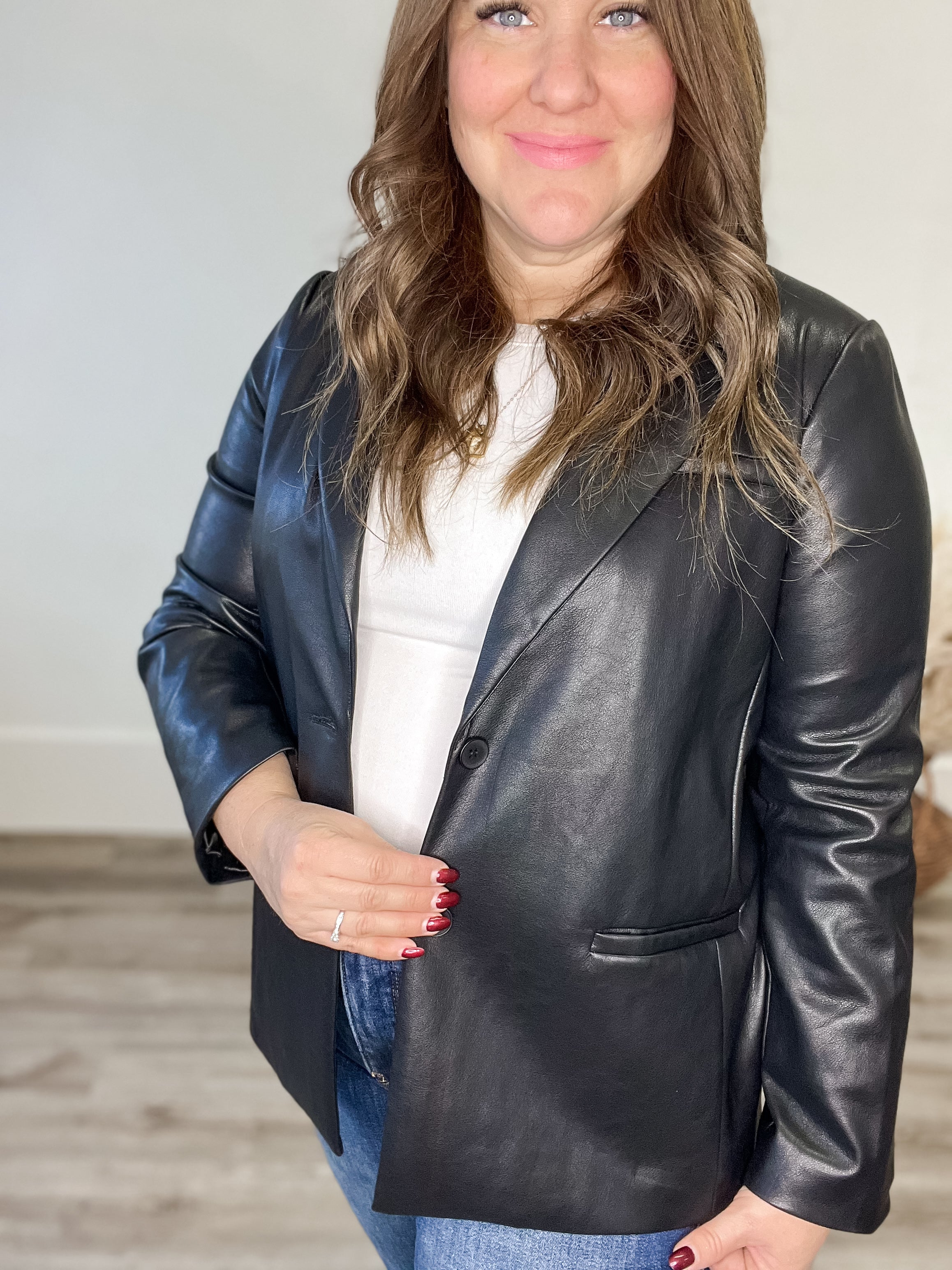 Faux Leather Blazer-Blazer- Hometown Style HTS, women's in store and online boutique located in Ingersoll, Ontario