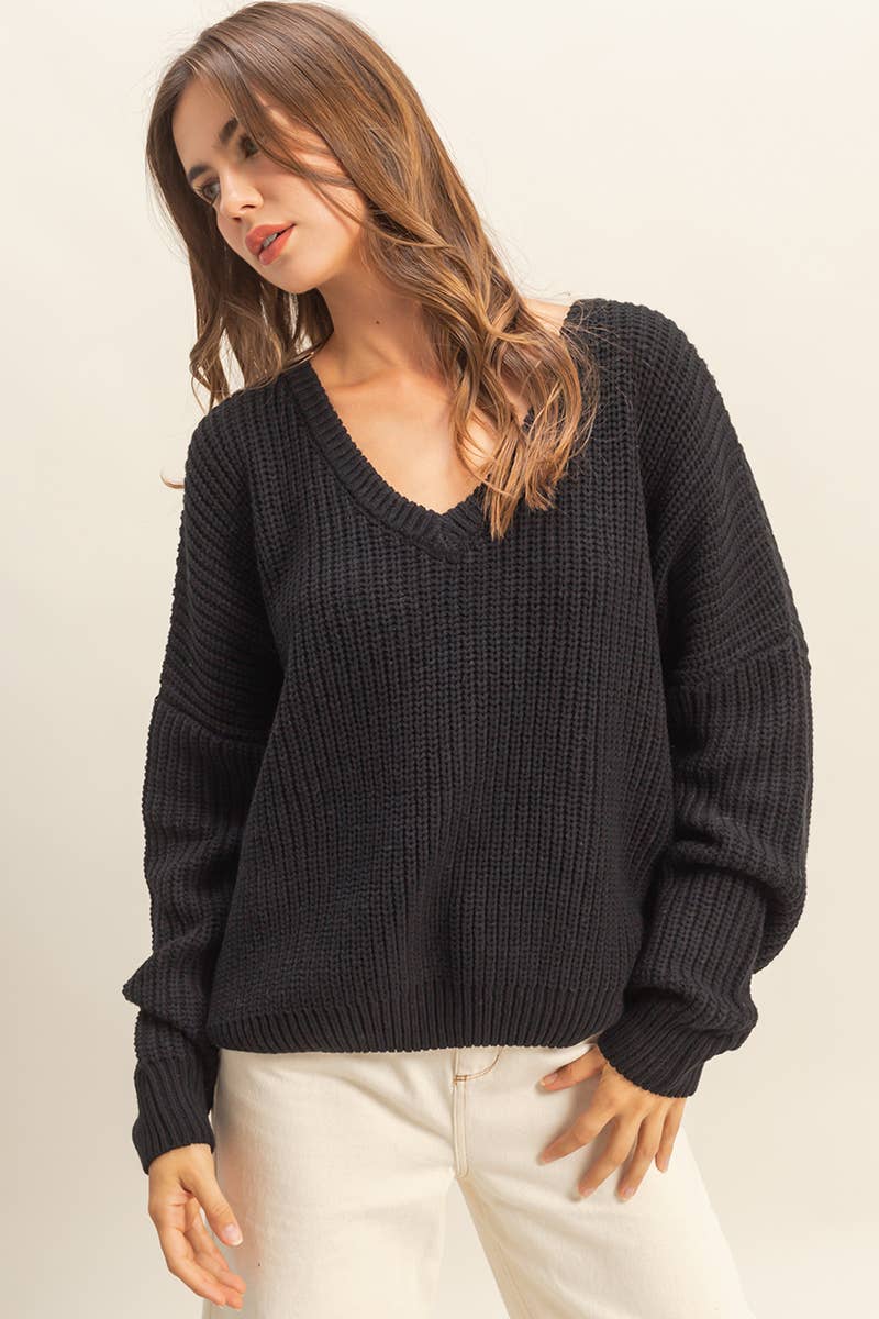 Oversized V Neck Knit Sweater - Black-sweater- Hometown Style HTS, women's in store and online boutique located in Ingersoll, Ontario